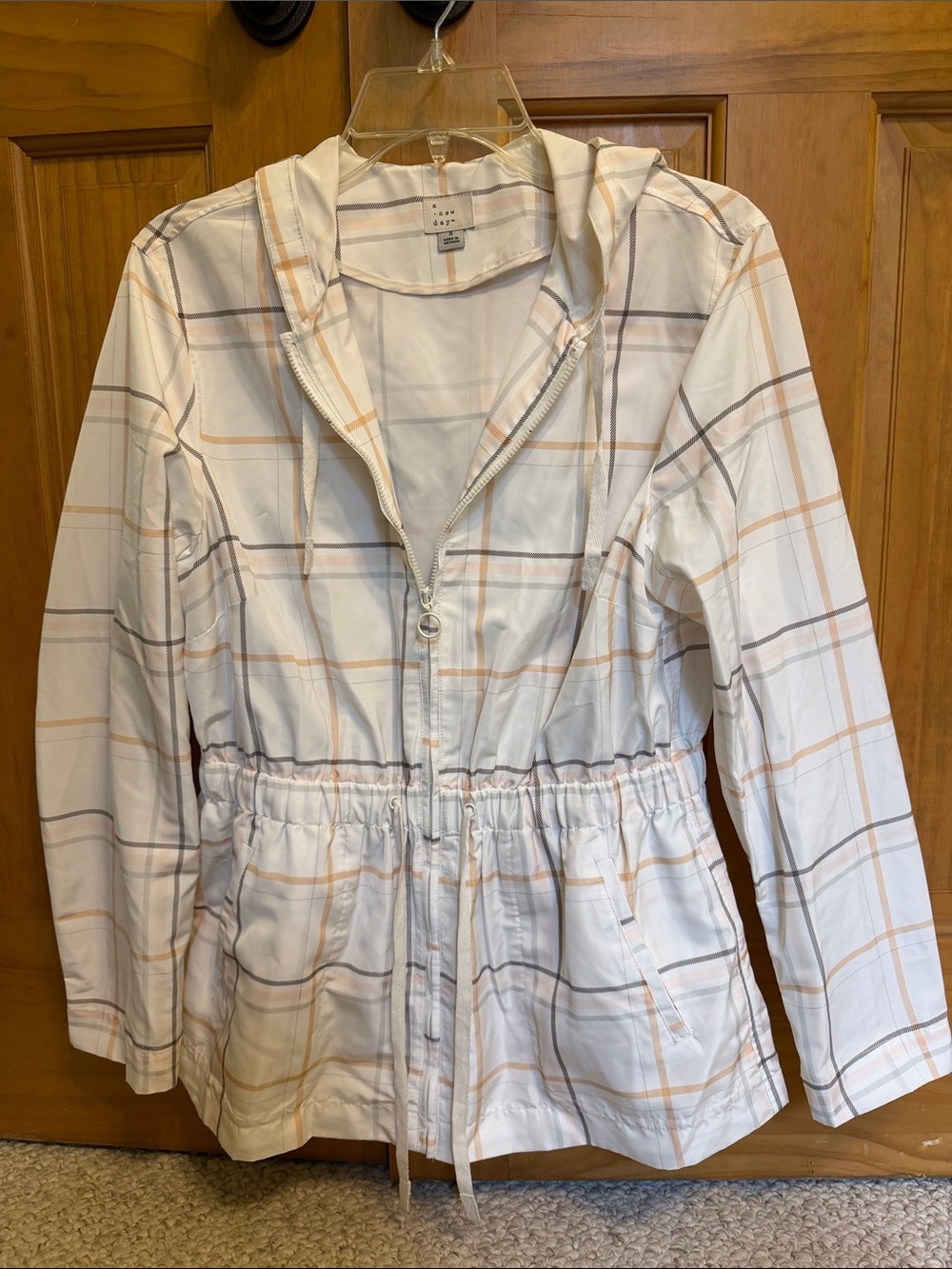 a new day White Plaid Hooded Utility Jacket with Cream and Light Gray Lines